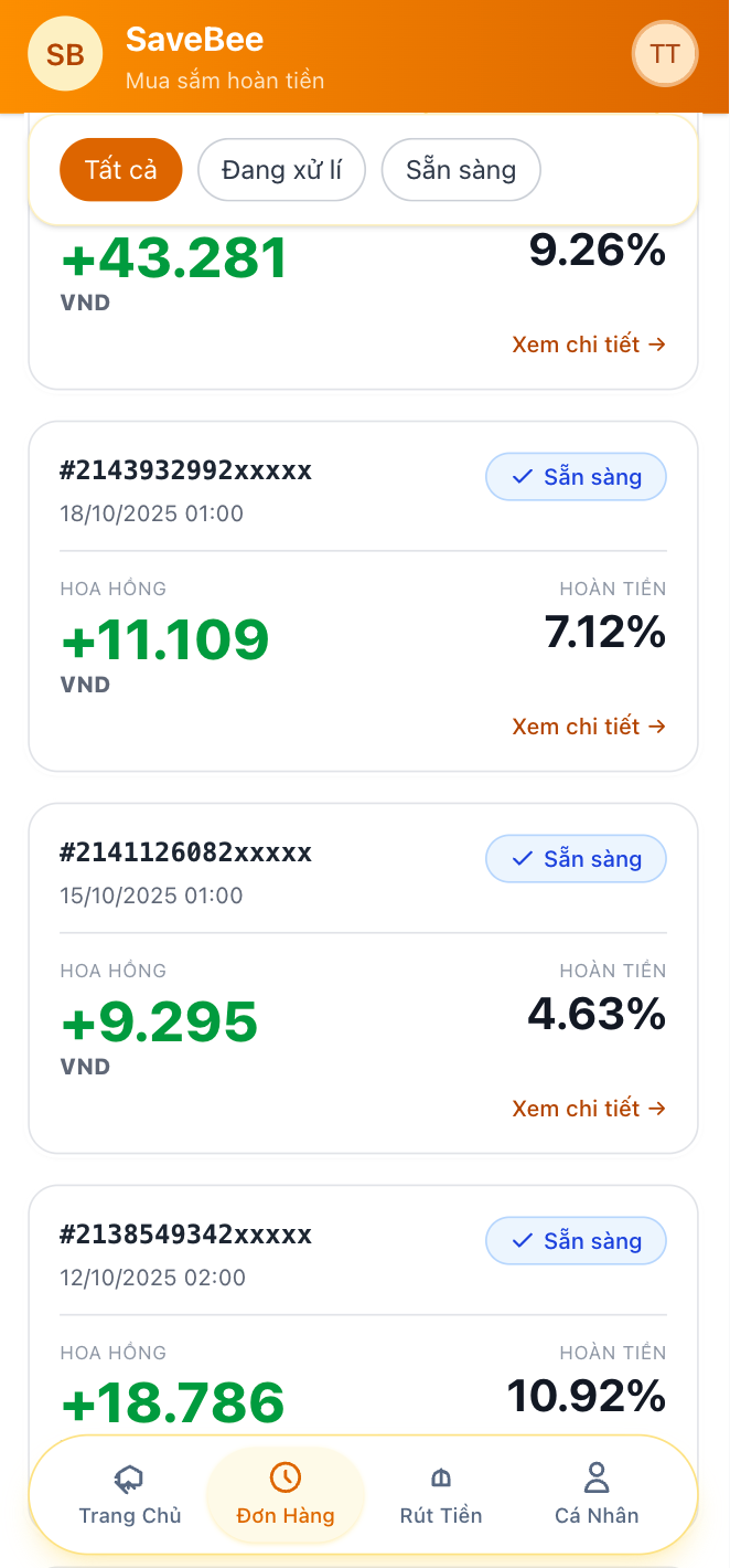 Danh sách đơn hàng SaveBee với trạng thái và ngày dự kiến