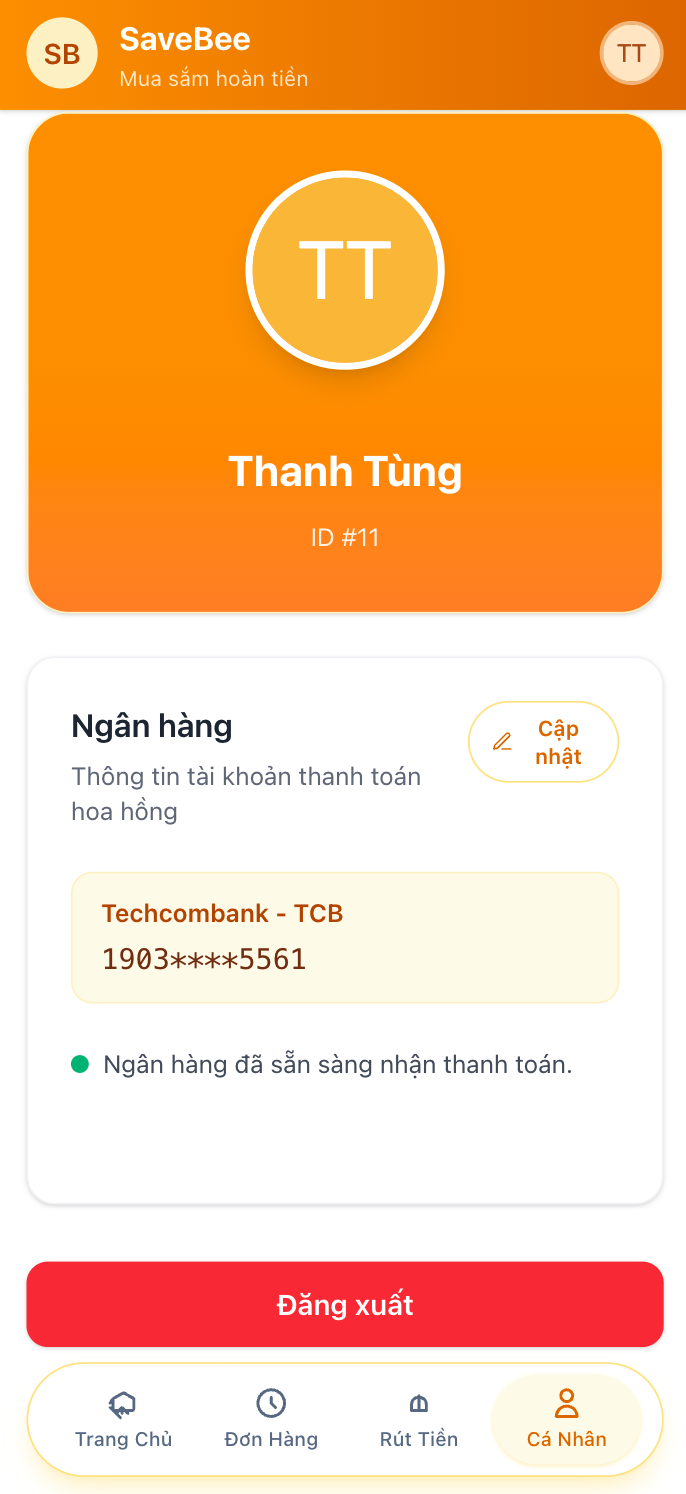 Màn hình hồ sơ SaveBee với thông tin cá nhân và ngân hàng