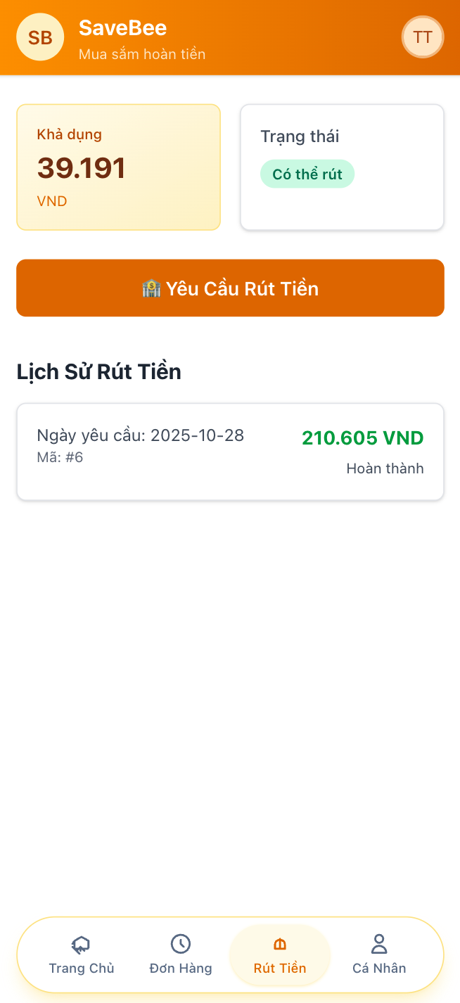 Màn hình rút tiền SaveBee với nút Cashout